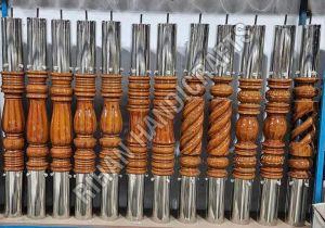 Stainless Steel Polished Wooden Stair Pillar, Color : Borwn & Silver