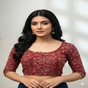 Cherry Red Round Neck Cotton Stretchable Kalamkari Blouse