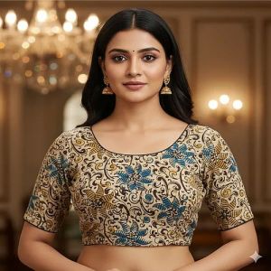 Light Blue Round Neck Cotton Stretchable Kalamkari Blouse