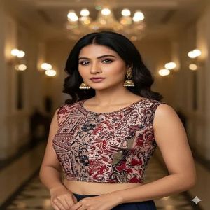 Light Brown Round Neck Cotton Stretchable Kalamkari Blouse