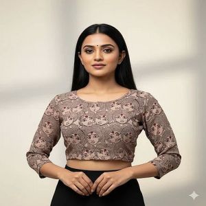 Metallic Gray Round Neck Cotton Stretchable Kalamkari Blouse