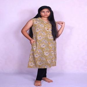 Mustard Yellow Cotton Kalamkari Kurti Daily Wear