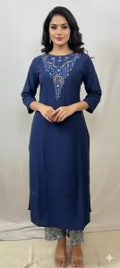 Cotton Navy Blue Embroidered Kurti Set for Casual, Partywear