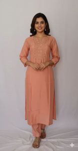 Peach Embroidered Cotton Kalamkari Kurti
