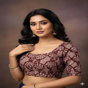 Pecan Brown Round Neck Cotton Stretchable Kalamkari Blouse