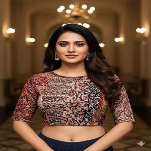 Round Neck Cotton Printed Stretchable Kalamkari Blouse