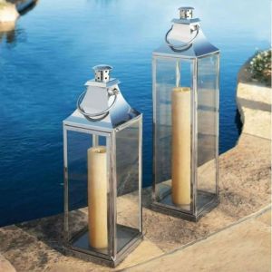 Plain Polished Glass Candle Lantern, Color : Metallic 12x10 Inch