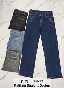 Plain Cotton Ladies Knitting Jeans Straight Fit Design, Color : Blue