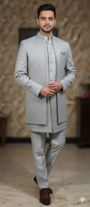 Grey Shrug Satin 13 Men Wedding Sherwani