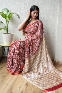 Casual Wear Multicolor Hand Block Printed Maheshwari Silk Saree