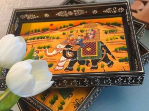Rajasthani Handrafted Wooden Serving Tray, Color : Yellow