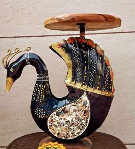 Polished Wooden Multicolor Peacock Side Table for Decorative Functional