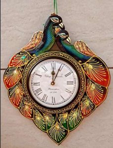 Wooden Peacock Design Wall Clock, Color : Multi Color