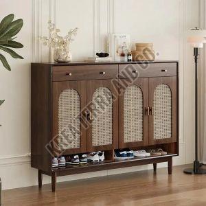 Polished Brown Wooden Cane Shoe Cabinet for Home Entryway, Hallway