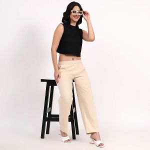 Beige Wide Leg Cotton Pant
