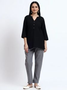 Black Grey Linen Cotton Short Kurti Pant Set