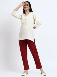 Ecru Wine Linen Cotton Short Kurti Pant Set