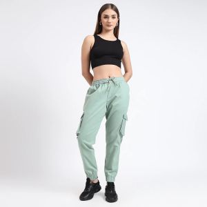 Mint Green Women Cotton Cargo Jogger