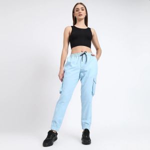 Sky Blue Women Cotton Cargo Jogger
