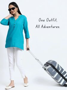 Turquoise Blue Linen Cotton Ladies Short Kurti