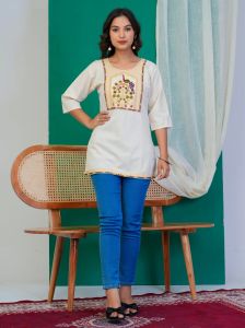 White Peacock Embroidered Ladies Short Kurti