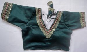Green V Neck Readymade Blouse Wedding Wear