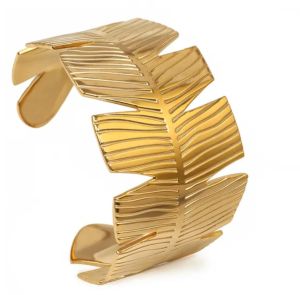 Gold-Plated Alloy Golden Leaf Engraved Statement Bracelet