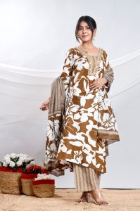 Ladies Brown Floral Stripe Dupatta Suit
