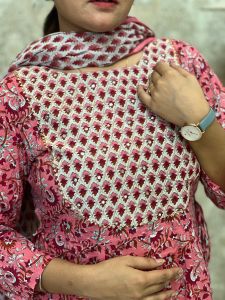 Soft Cotton Blend Ladies Pink Embroidered Floral Dupatta Suit