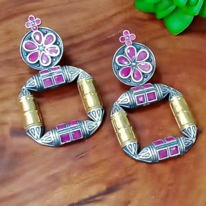 INDIACZ Polished BRASS Plain Silver Earrings Antique