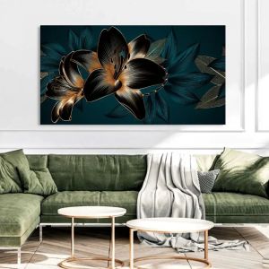 Lilies Flowers Golden Canvas Painting