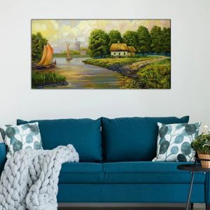 River, Boat &AMP;AMP; Village Abstract Canvas Wall Painting