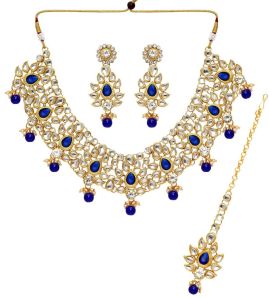 Blue Color Imitation Pearl &AMP;AMP; Kundan Necklace With Earrings &AMP;AMP; Maang Tikka