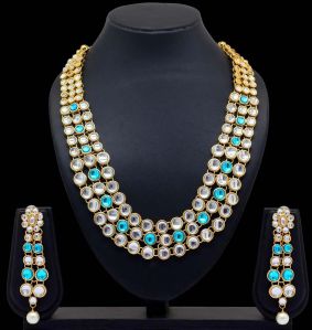 Firoza Color Kundan Necklace With Earring