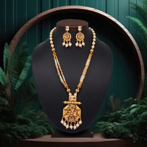 Gold Color Vilandi Kundan Long Matte Gold Rajwadi Temple Necklace Set (TPLN474GLD)