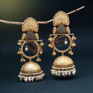 Grey Color Handmade Brass Metal Monalisa Stones Amrapali Earring