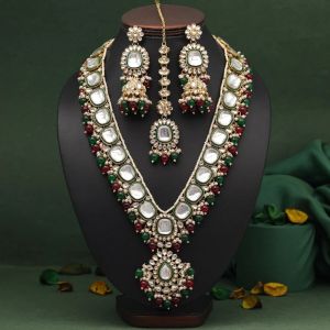 Maroon & Green Color Long Kundan Necklace Set (KN1344MG)