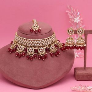 Maroon Color Choker Kundan Necklace Set (KN1456MRN)