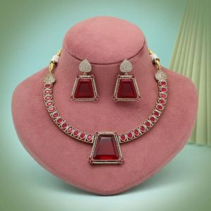 Maroon Color Unique Handmade Brass Metal Monalisa Stones American Diamond Necklace