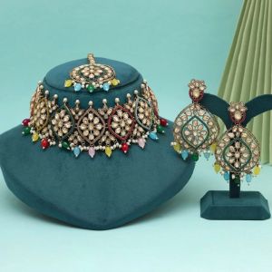 Multi Color Pakistani Choker Kundan Necklace Set (KN1449MLT)