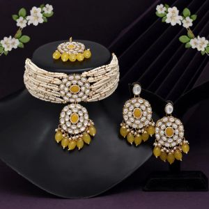 Yellow Color Choker Kundan Necklace Set (KN1343YLW)