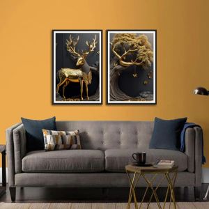 Premium Golden Color Deer and Tree Abstract Set Of 2 Wall Frames