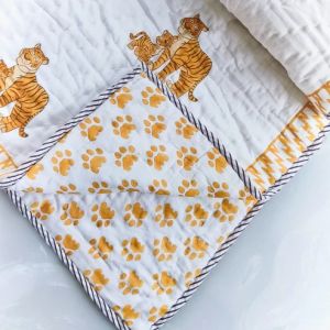 Tiger Hand Block Printed Cotton Baby Quilt