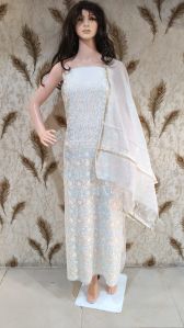 Embroidered Casual Wear Ladies White Unstitched Suit