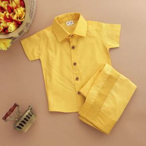 Boys Bright Yellow Ethnic Silk Shirt & Dhoti Set