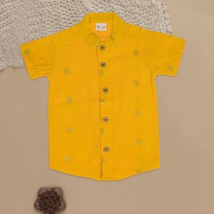 Printed Silk Boys Bright Yellow Resham Shirt Casual Wear