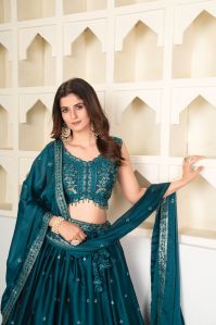 Sea Green Semi Stitched Lehenga with Unstitched Blouse