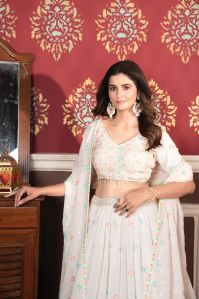 Georgette White Semi Stitched Lehenga With Unstitched Blouse