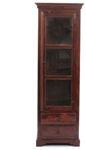 Brown Wood & Glass Display Unit Cabinet For Living Room with Two Drawers