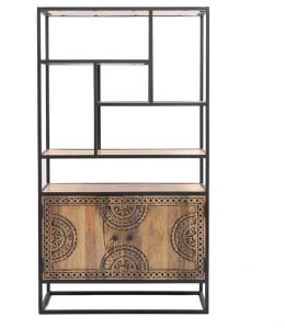 Iron and Mango Wood Book Rack With Carved Door